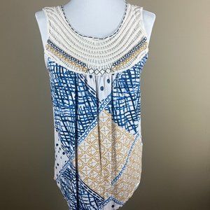 Loveappella Sleeveless Top Size S Blue Gold Cream, Geometric Patterns, Lace
